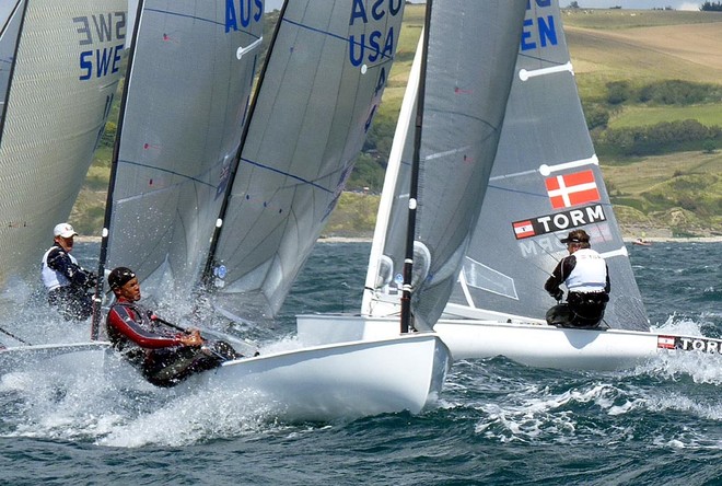 Greg Douglas at mark - Finns at Weymouth and Portland International Regatta 2011 © Robert Deaves/Finn Class http://www.finnclass.org